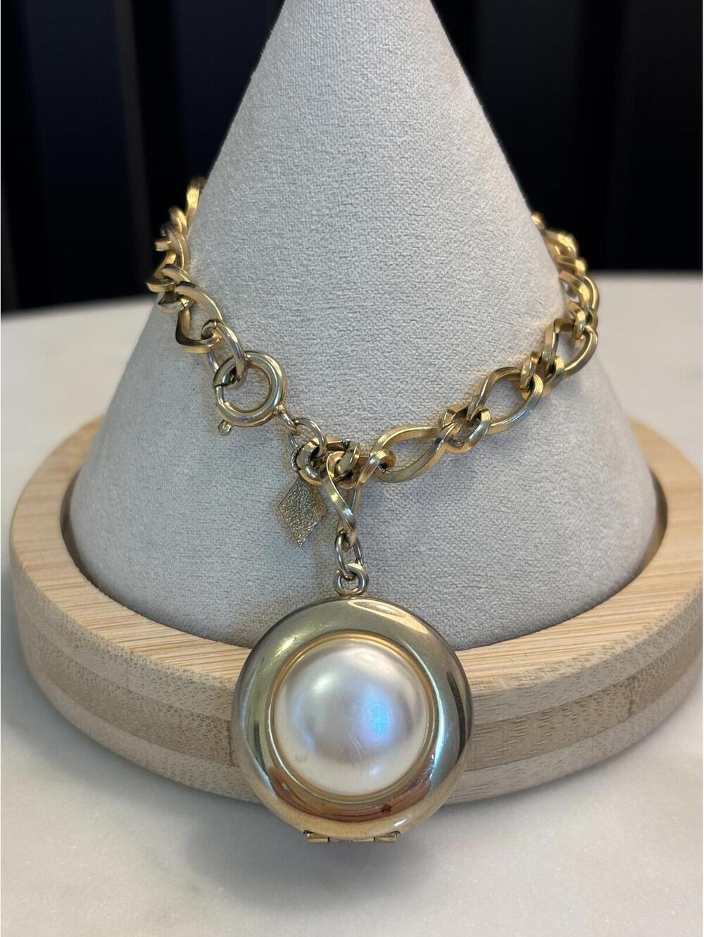 Gold Tone Chain Bracelet with Large Pearl Locket Charm